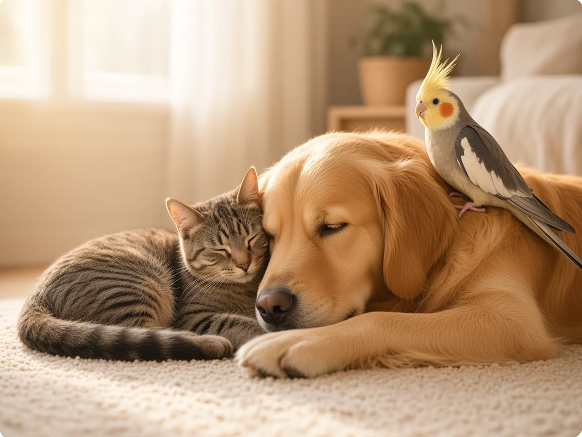 A dog, cat, and bird together — HeartPrint is for every companion animal